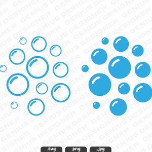May include: Two illustrations of blue bubbles of different sizes, arranged in a circular pattern. The bubbles are outlined in white.