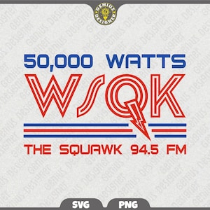 May include: A graphic design featuring the text "50,000 WATTS WSOK THE SQUAWK 94.5 FM". The text is in red and blue, with a lightning bolt graphic. The design is on a light gray background.