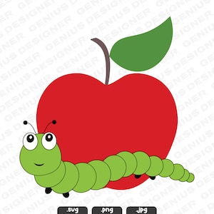 May include: A red apple with a green leaf and a green worm with black eyes and a smile. The worm is wrapped around the apple.