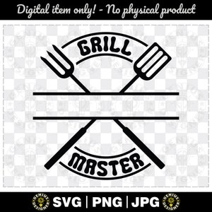 May include: Black and white silhouette of a grill master logo with crossed grilling tools, a spatula and a fork, with the words "GRILL MASTER" in a curved banner.