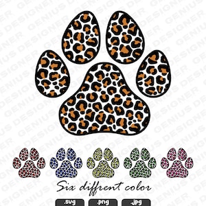 May include: Six paw prints in different colors, each with a leopard print pattern. The paw prints are in red, blue, yellow, green, pink, and brown.
