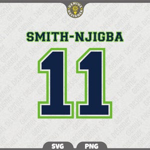 May include: A digital graphic featuring the name "SMITH-NJIGBA" in green block letters above the number "11". The number is navy blue with a green outline. The background is a light gray pattern.