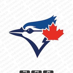 以下が含まれることがあります： トロント・ブルージェイズのロゴのベクターグラフィック。ロゴは、様式化された青いカケスの頭、赤いカエデの葉、濃い青色の「V」の形を特徴としています。デザインは白い背景に設定されています。