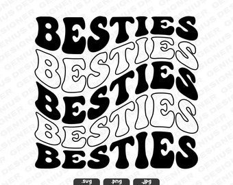 May include: Black and white graphic design with the word "BESTIES" repeated in a wavy, overlapping pattern.