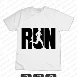 May include: White t-shirt with a black silhouette of a runner and the word "RUN" in large black letters.