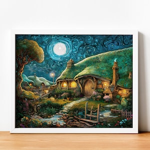 Bag End At Night | Shire Art Print | Whimsical Wall Art | Fantasy Printable Wall Art, Downloadable Digital Print | Abstract Fantasy Art