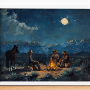May include: A painting of four cowboys sitting around a campfire under a starry night sky. The cowboys are wearing hats and jackets, and they are sitting on the ground. The campfire is burning brightly, and the smoke is rising into the air. The sky is dark blue, and the stars are twinkling.