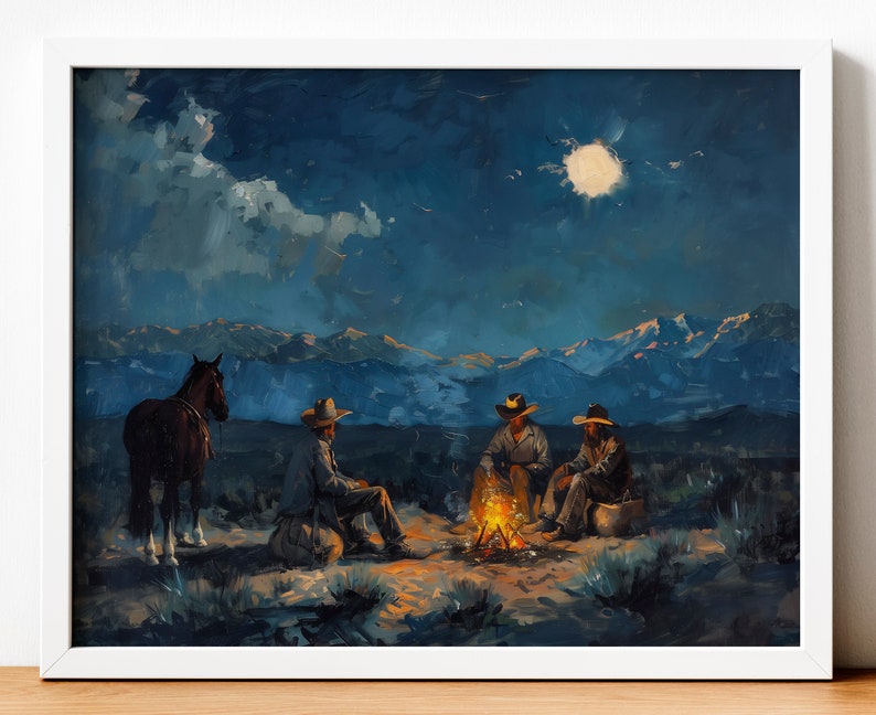 May include: A painting of four cowboys sitting around a campfire under a starry night sky. The cowboys are wearing hats and jackets, and they are sitting on the ground. The campfire is burning brightly, and the smoke is rising into the air. The sky is dark blue, and the stars are twinkling.