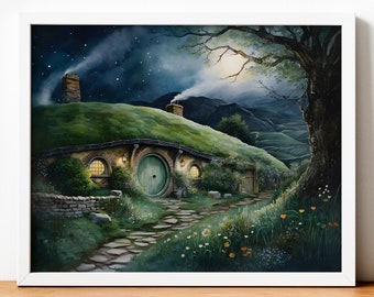 Shire Art Print | Moody Night Painting, Fantasy Art | Printable Wall Art, Magical, Downloadable Digital Print Multiple Sizes Included