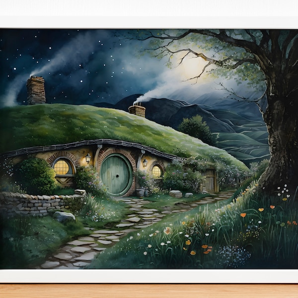 Shire Art Print | Moody Night Painting, Fantasy Art | Printable Wall Art, Magical, Downloadable Digital Print Multiple Sizes Included