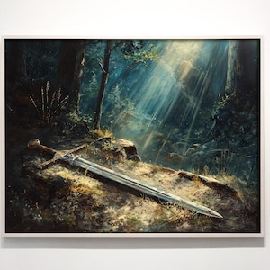 May include: A silver sword lies on the forest floor, surrounded by green foliage and dappled sunlight. The sword has a wooden handle and a sharp blade. The background is a lush forest with trees and sunlight streaming through the leaves.