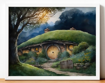 The Shire Art Print | Bag End At Sunset | Shire Painting | Fantasy Printable Wall Art, Downloadable Digital Print Multiple Sizes Included