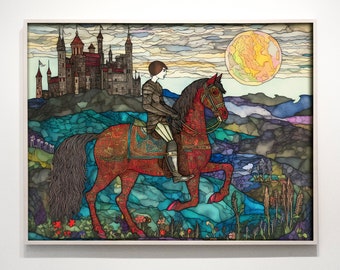 中世の馬に乗った騎士のアートプリント：ファンタジー城の壁装飾（デジタルプリント）