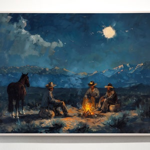 May include: A painting of three cowboys sitting around a campfire under a full moon. The cowboys are wearing hats and jackets. A horse is standing to the left of the campfire.