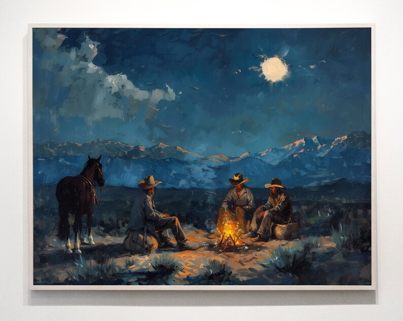 May include: A painting of three cowboys sitting around a campfire under a full moon. The cowboys are wearing hats and jackets. A horse is standing to the left of the campfire.
