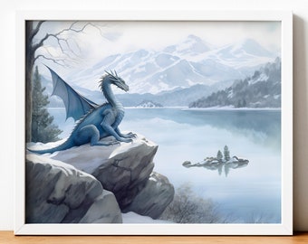 Blue Dragon Art Print: Fantasy Landscape Painting (Digital Download)