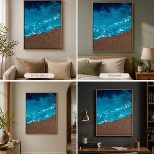 May include: A framed abstract art piece depicting an ocean scene. The artwork features a textured brown section representing the shore, with vibrant blue and white waves above. The piece is displayed in various room settings.