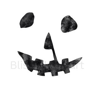May include: Black and white watercolor illustration of a jack-o'-lantern face with a wide grin and two eyes.