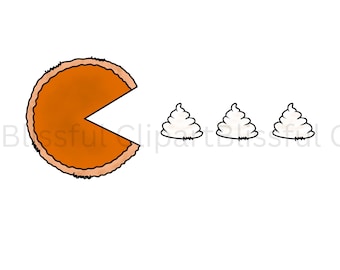 Peut inclure: Illustration de dessin animé d'une part de tarte à la citrouille avec un design Pac-Man, consommant trois bouffées de crème fouettée. La tarte est orange avec une croûte, et la crème fouettée est blanche, sur fond blanc.