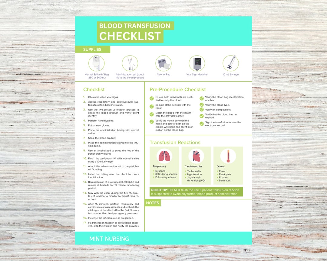 Blood Transfusions Checklist Nursing Cheat Sheet Digital Etsy