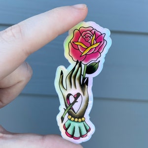 American Traditional hand and rose holographic sticker