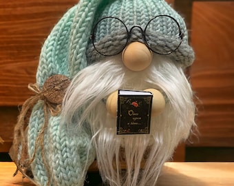 Book gnome, reading gnome, knitted gnome, farmhouse decor, spring gnome , gnome with glasses, student gnome, teacher gnome