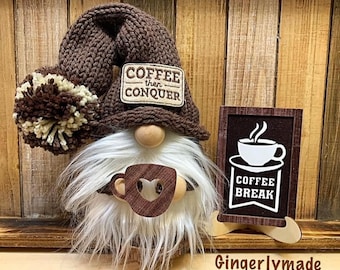 Coffee gnome, Morning gnome, coffee then conquer gnome, bar gnome, kitchen gnome, coffee cup gnome, knitted gnome, farmhouse decor