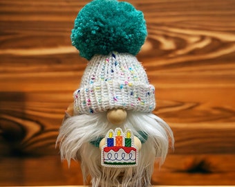 Birthday gnome, party gnome, knitted gnome, celebration gnome, birthday candle gnome