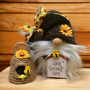 Sunflower gnome, bee gnome, home sweet home gnome, farmhouse decor, garden gnome