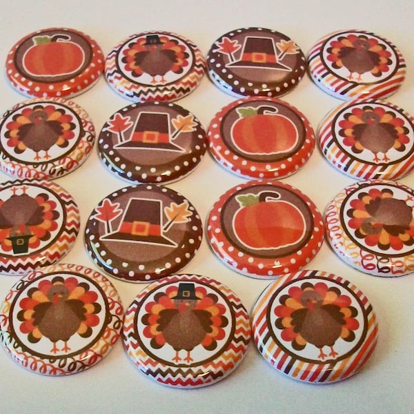 Classic Turkey and Pumpkin Thanksgiving Fall  Set of 15 1 inch buttons. Choose Flat Back, Pin Back or Shank Back.