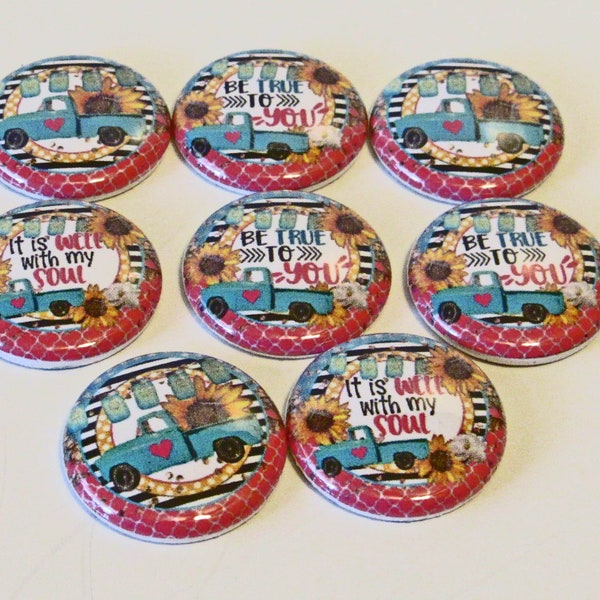 Inspirational Turquoise Vintage Truck set of 8 1 inch buttons. Choose Flat Back, Pin Back or Shank Back. Perfect for all sorts of crafts