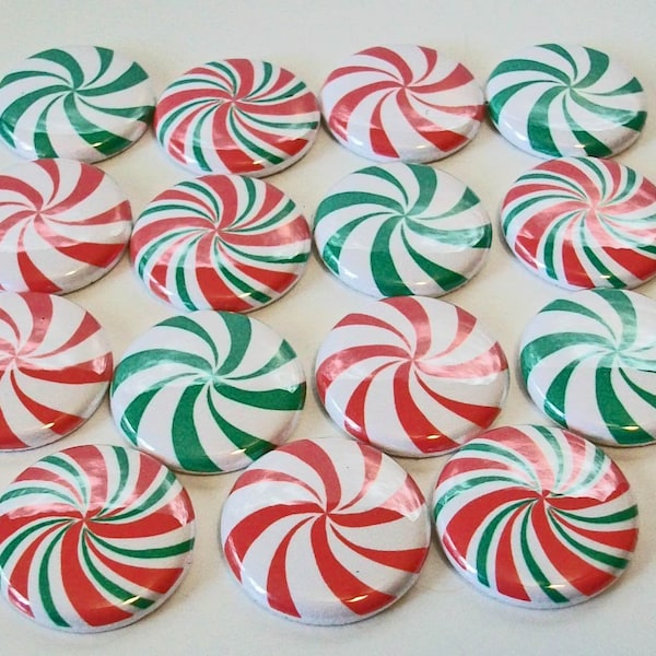 Colorful Christmas Candy Peppermint Set of 15 1 inch buttons. Choose Flat Back, Pin Back or Shank Back.