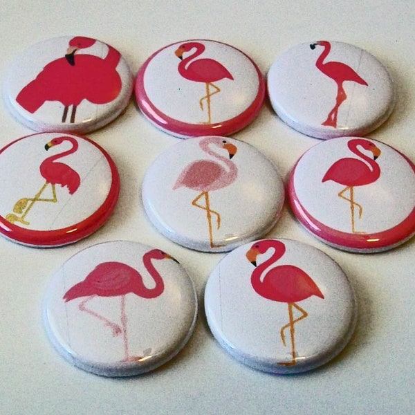 Tropical Pink Flamingos set of 8 1 inch buttons. Choose Flat Back, Pin Back or Shank Back. Perfect for all sorts of crafts