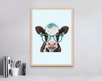 メガネをかけたカラフルな牛、動物のアートプリント、かわいい牛の壁アート、印刷可能な壁アート、デジタル牛の壁装飾、子供部屋の壁アート
