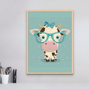 Cute Cow With Glasses, Cartoon Cow Print, Cow Wall Art, Printable Wall Art, Digital Cow Wall Decor, Kids Room Wall Art