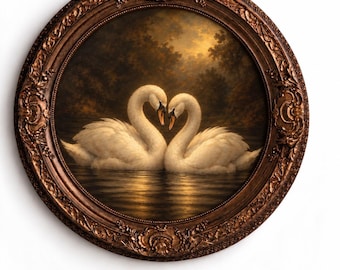 Original Miniature Swan Oil Painting, Vintage Gold Frame, Romantic Victorian Wall Art, Dark Academia Decor