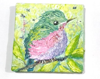 Hummingbird oil painting, hand drawn bird, baby bird painting