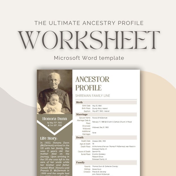 Ancestor Profile Template for Genealogy Research | Printable Word Document | Easy Ancestry Binder Organization. Perfect gift for grandparent