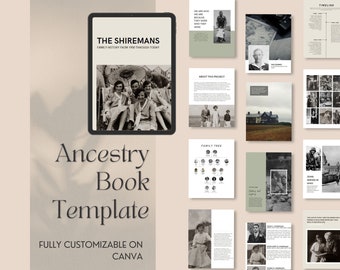 May include: A digital template for creating a family history book. The template includes a cover page with the title "The Shireman's Family History from 1900 Through Today", a family tree page, a timeline page, and a page for about the project. The template is fully customizable on Canva.