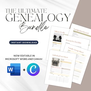 Pacchetto di fogli di lavoro di genealogia / Modulo di ascendenza di Microsoft Word / VERSIONE MODIFICABILE Quaderno di lavoro di ricerca sulla storia della famiglia - grafico a ventaglio, inserti per raccoglitori