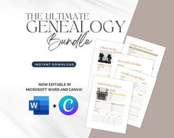 Paquete de hojas de trabajo de genealogía / Formulario de ascendencia de Microsoft Word / VERSIÓN EDITABLE Libro de trabajo de investigación de historia familiar - gráfico en abanico, insertos para carpeta