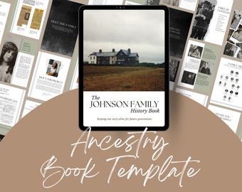 Może przedstawiać: Cyfrowy szablon do tworzenia książki o historii rodziny. Szablon zawiera stronę tytułową z tytułem "The Johnson Family History Book", drzewo genealogiczne oraz strony na zdjęcia i historie. Szablon został zaprojektowany, aby pomóc ludziom zachować historię swojej rodziny dla przyszłych pokoleń.