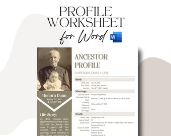 Ancestor Profile Template for Genealogy Research | Printable Word Document | Easy Ancestry Binder Organization. Perfect gift for grandparent