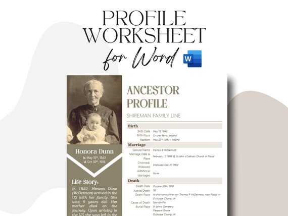 Ancestor Profile Template for Genealogy Research | Printable Word Document | Easy Ancestry Binder Organization. Perfect gift for grandparent
