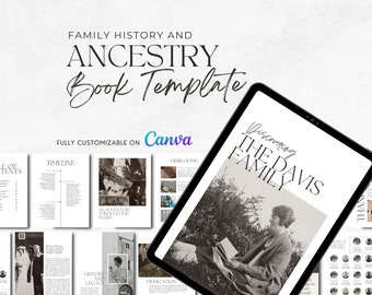 May include: A digital tablet mockup displaying a family history book template with the title "Discovering The Davis Family". The template is fully customizable on Canva and includes sections for a timeline, heirlooms, history and legacy, and a dedication page.