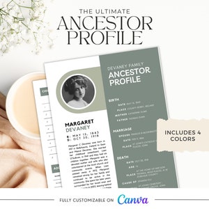Ancestor Profile Template for Genealogy Research | Printable Customizable | Easy Ancestry Binder Organization. Perfect gift for grandparent