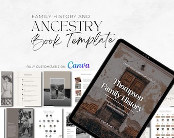 May include: A digital tablet displaying a book cover template for a family history book. The cover features a vintage wooden door with the text "Thompson Family History" and "From 1900 Through Today". The text "Keeping our story alive for future generations" is also included. The template is fully customizable on Canva.