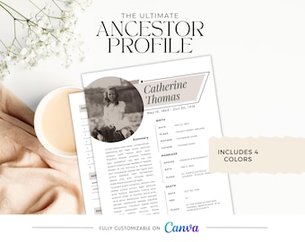 Ancestor Profile Template for Genealogy Research | Printable Customizable | Easy Ancestry Binder Organization. Perfect gift for grandparent