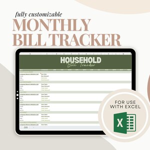 Könnte beinhalten: Ein Laptop-Bildschirm zeigt eine grün-weiße Tabellenkalkulation mit dem Titel "Household Bill Tracker" mit Spalten für Rechnungsname, Firmenname, Fälligkeitstermin, Betrag und Notizen. Die Tabellenkalkulation ist für die Verwendung mit Microsoft Excel konzipiert. Der Text "For Use With Excel" wird in einem grünen Kreis mit einem weißen "X" in der Mitte angezeigt.