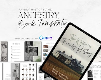Könnte beinhalten: Eine digitale Vorlage zum Erstellen eines Familienstammbaums. Die Vorlage ist vollständig anpassbar auf Canva und enthält eine Zeitleiste, Erbstücke und ein Inhaltsverzeichnis. Das Cover des Buches zeigt ein Schwarzweißfoto eines Hauses mit dem Text "The Williams Family History" in Kursivschrift.